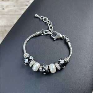 Elegant Silver and Black Slider Charm Beaded Bracelet